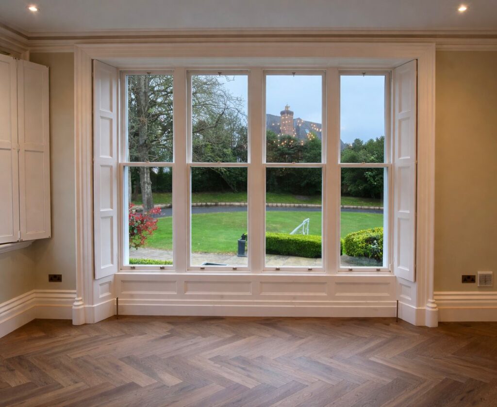 Large floor to ceiling sash window replacement in property refurbishment in Cheshire